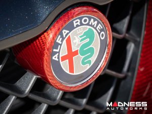 Alfa Romeo Stelvio Front V Shield Grill Frame + Emblem Frame Kit - Carbon Fiber - QV Model - Red Candy